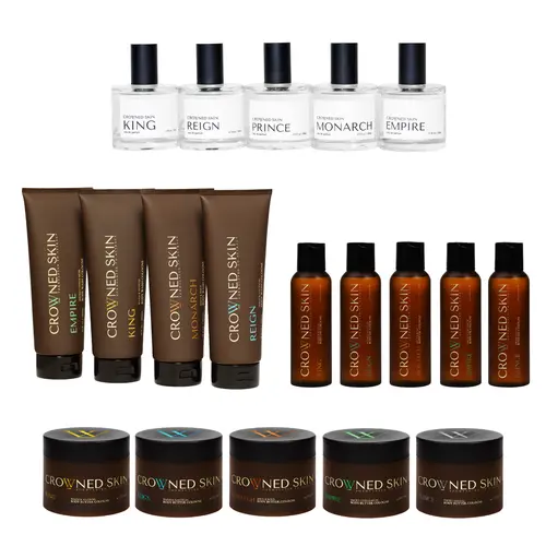 TikTok Exclusive: Crowned Skin Full Essentials - Cologne Body Butter, Body Oil, Eau de Parfum, Cologne-Infused Body Wash - King, Reign, Monarch, Prince and Empire - 19 piece Collection