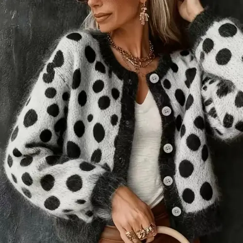 Women's Polka-Dot Colorblock Knit Cardigan, Loose-Fit Casual-Chic Long-Sleeve Knitted Sweater for Fall and Winter, Comfortable and Stylish
