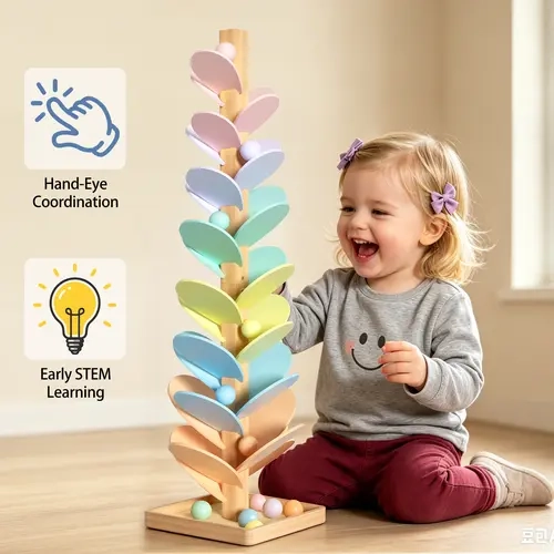Gotoofun Upgraded Natural Wood Musical Marble Run Tree Play Toy - Montessori Rainbow Singing Toy with Leaf Slots, Sturdy Base, 12 Extra-Large 3cm Balls, Color Sorting STEM Sensory Gift for Kids Ages 3+