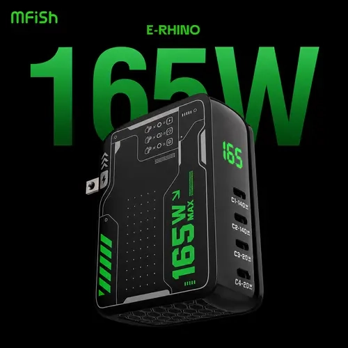 mfish E-RHINO 165W Total GaN USB-C Laptop Wall Charger - 4-Port Folding US Plug Charger with Rotatable LCD Smart Display for Smartphone, Cellphone, Electronic Device, Game Charging
