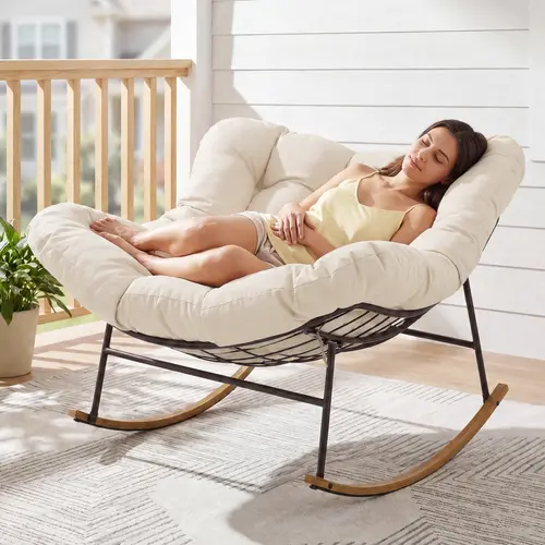 ONBRILL Oversized Papasan Rocking Chair, Indoor/Outdoor 450 lbs Capacity Egg Chair with Thickened Cushion, Cozy Lounge Reading Glider for Bedroom, Blue, Papasan Chair
