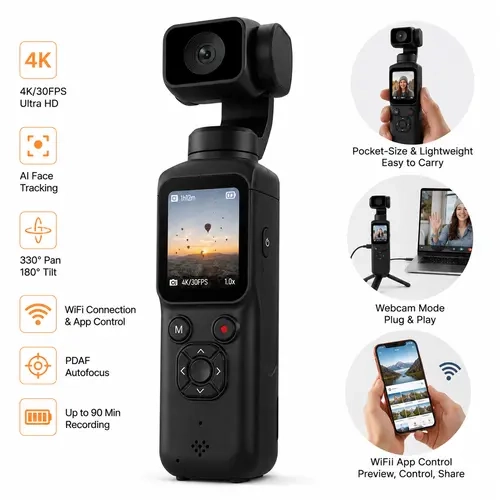 Compact Video Camera - USB Rechargeable Digital Camcorder, Portable Video Recorder, 1.72" Touch Screen, Rotatable Lens, AI Track, Face Focus, Wireless Connectivity, 32GB Memory Card, Tripod Mount Vlogging Equipment for Travel,techvibes