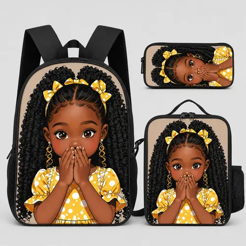 3PCS Afro Girl Backpack Set With Lunch Box & Pencil Case, Cute Black Girl Cartoon Art Print Bookbag for Girls Teens School Daily, Back to School Gift, Multiple Style Options