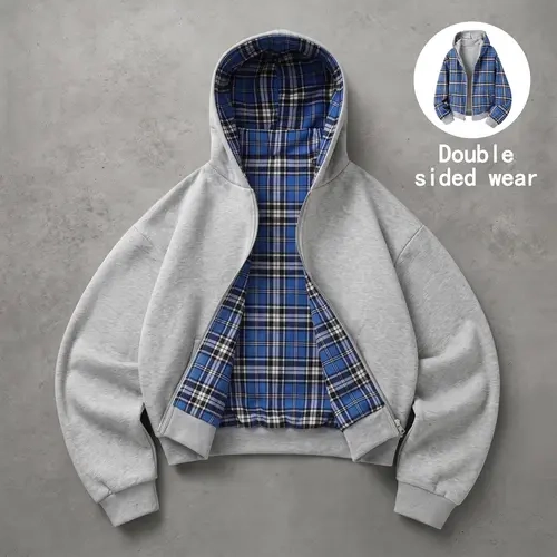 Unisex cotton hooded jacket, plaid reversible hoodie sweatshirt jacket, with pockets, comfortable casual streetwear top