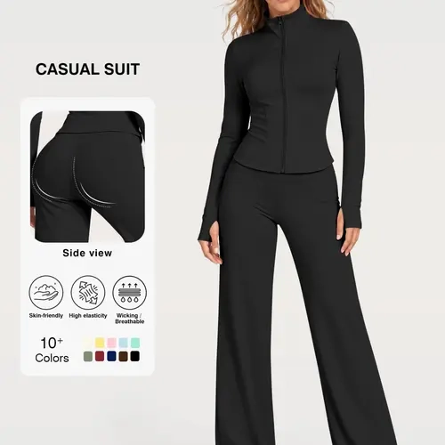 Flexaura Two-Piece Set, High-Waist Wide-Leg Pants & Zipper Jacket, Breathable Sporty, Long Sleeve, All Seasons, Yoga & Gym Wear