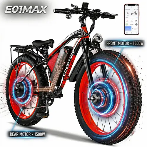 EOEOTWO E01MAX 3000W Peak Dual Motor Electric Bike for Adults 40MPH 48V23A, 26x4 Fat Tire All Terrain Ebikes, Full Suspension E Bike, Dual hydraulic brakes, equipped with turn signals, brake lights and app，Shimano 7-Speed Gear Electric Bicycle 3000W-60V