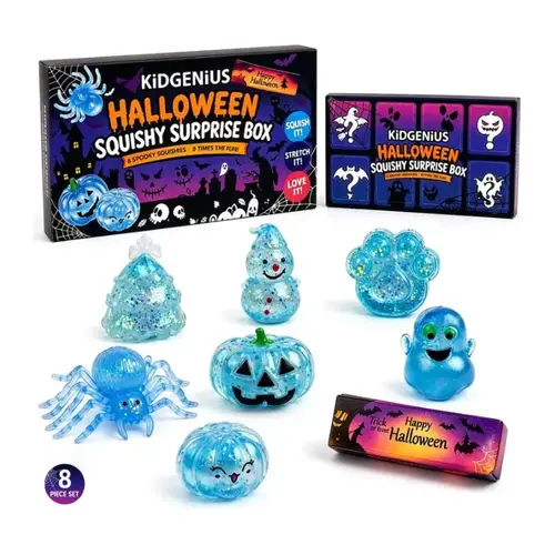 KIDGENIUS 8-Pack Spooky Halloween Glitter Surprise Box Squishy Toys, Classic Novelty Squeeze Items, Stress Relief Goodie Bag Stuffers for Kids’ Halloween Parties & Classroom Prizes