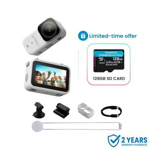 Xtra Atto Wearable 4K Action Camera, 54 g, Light and Compact, 1/1.3″ Sensor, 4K/60fps Video, 220‑Min Max Recording, 5-Min Pre-Recording, Built-in Stabilization, 128GB Storage, 600MB/s Fast Transfer, Lightweight, 1/1.3" Cmos