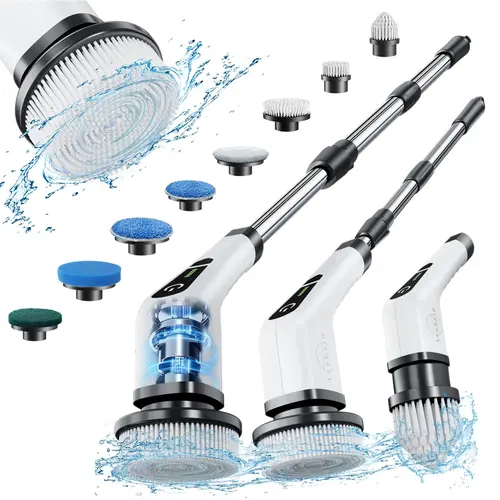 Cordless Spin Scrubber - Rechargeable Electric Hand Tool with Adjustable Speed, 8 Replaceable Brush Heads, USB Charging, Back Pain Relief for Kitchen/Bath Stainless Steel Cleaning