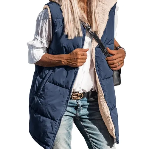 BTFBM Long Puffer Vest Women Fleece Sherpa Jacket Sleeveless Hooded Reversible Zip Up Winter Coat Fall Vests Outerwear