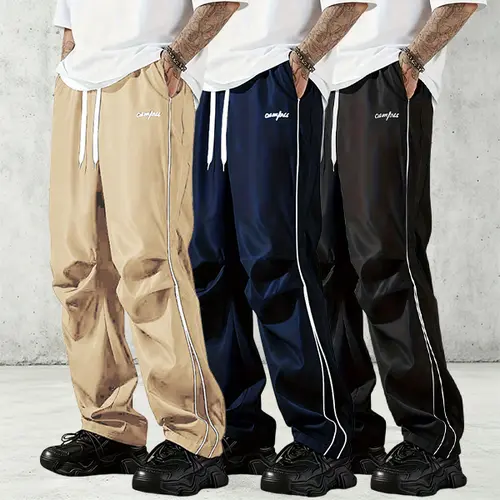 Men's Casual Loose Straight-Leg Pants with Side Stripes, Solid Simple All-Season Design, 3 Colors Available for Everyday Wear