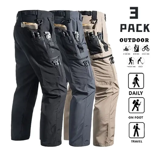 Men’s 3-Pack Tactical Cargo Trousers Set - Lightweight Polyester Plain Mid Waist Straight-Leg Pants, Multi Zippered Pockets, All Season Fabric, Black-Khaki-Dark Gray, Suitable for Outdoor Work, Fishing