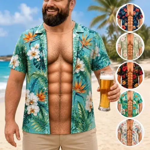Funny Muscle T Shirt for Men, Fake Hawaiian Shirt Illusion Tee, Personalized 3D Fake Open Shirt, Too Hot To Handle Summer Vacation Gift