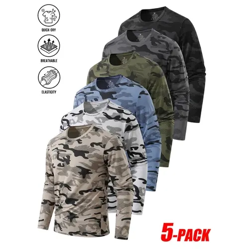 Men's 5-Pack Long Sleeve Crewneck Gym Shirts - Dot Mesh Camouflage, Quick-Dry Elastic Fabric, Breathable Dry Fit Activewear for Gym/Running, Mens Clothing with Elasticity, Activewear Men's Long-Sleeve T-Shirts,sohochic