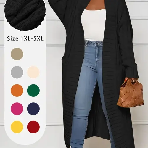 Women's Plus Size Plain Textured Drop Shoulder Cardigan, Casual Long Sleeve Pocket Chic Cardigan for Spring & Fall