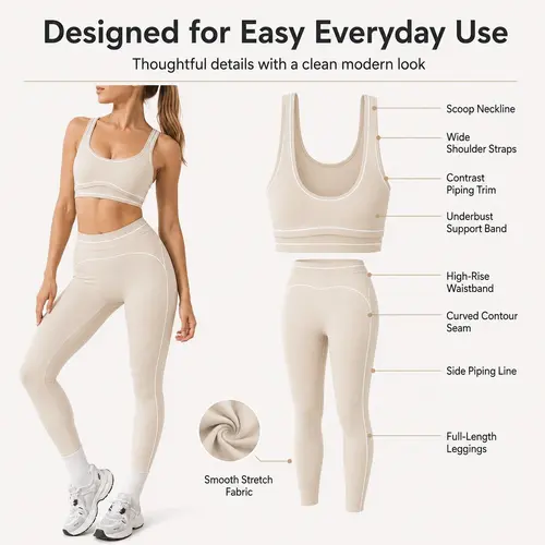 Modern Clean Line Detail Women’s Gym Matching Set, All‑Day Comfort Stretch Fabric Contour Seam Leggings Shock Resistant Sports Bra Suitable for Yoga, Training, and Street Casual Outfit