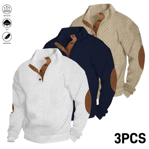 Men's 3-Pcs Jacquard Stand Collar Henley Tops - Menswear, Longsleeves, Neckline Button, Minimalist Street Sporty Chic Casual Chic Sweatshirt, Casual Wear