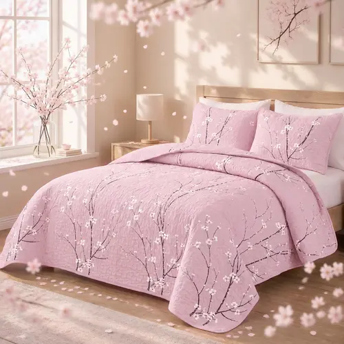 Spring Blossom Quilt Set Bedding – Lightweight Breathable Microfiber Floral Pattern Quilt, Machine Washable Comfortable for Bedroom Guest Room Home Decor