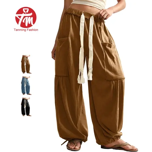 Tanming Women's Baggy Wide Leg Pants Casual Adjustable Drawstring Harem Pants Bohemian Trousers with Big Pockets