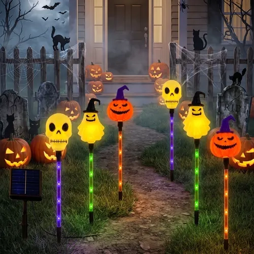 6-Piece Halloween Solar Path Lights Set - Outdoor Ghost Faces, Skeleton, Pumpkin Spooky Shapes, Plastic Frame, 8 Lighting Modes, IP65 Waterproof for Lawn, Sidewalk Decor