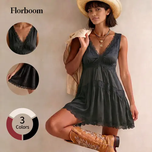 Florboom Womens Lace Mini Satin Slip Dress, Soft Babydoll Nightgown or Boho Mini Dress, V Neck Tiered Lace Trim Tunic Dress for Layering, Lounging, Western Country Concert, Beach Vacation