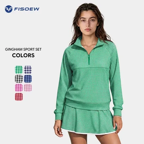 Fisoew Women's Plus Size Preppy Gingham Raglan Half-Zip Cropped Active Top - Stretch Fabric Athletic Sweatshirt, Workout Top for Tennis, Casual Fitness Apparel, Active Tops, Workout Tops