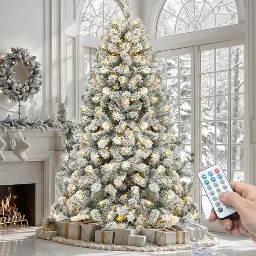 YITAHOME Pre-Lit Snow Flocked Artificial Full Pine Tree (6/7.5/9 ft) - Indoor LED Lights, 11 Light Modes, Remote Control, Branch Tips, Ornaments, Foldable Base for Home, Party Decorations, Christmas Tree