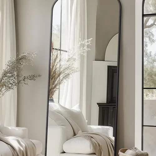 Antok Arched Full Length Mirror, Floor Mirror with Carved, Full Body Mirrors for HomeDecor, Standing/Halling Large Wall Mirror for Bedroom, Living Room, Cloakroom, Black, Retro Style
