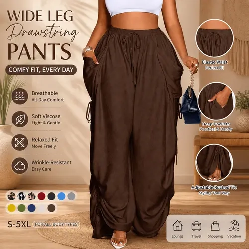 Women's Baggy Oversized Wide Leg Viscose Pants - All-Season Woven Fabric, High Waist, Full Length, Adjustable Plain Bottom, Elastic, Breathable, Plus Size Women's Clothes, Ideal for Daily Commute & Vacation