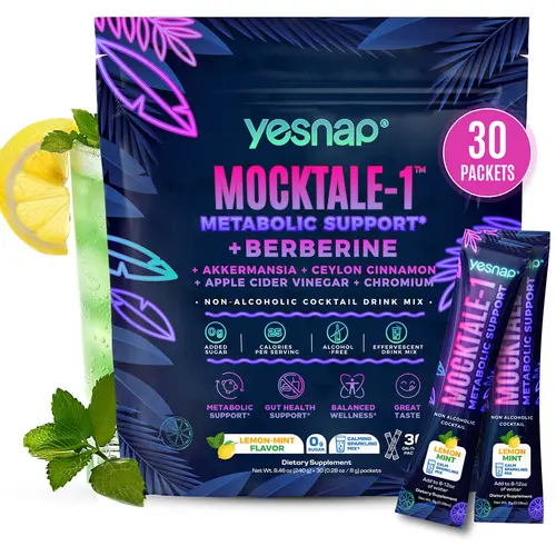 Yesnap MOCKTALE-1 Metabolic Support Dietary Supplement, Berberine Blend, Chromium, Ceylon Cinnamon, Cider Vinegar, Akkermansia - 30 Lemon Mint Powder Packets, Non-Alcoholic Cocktail Mix, Metabolic Boost, Prop 65 Safe