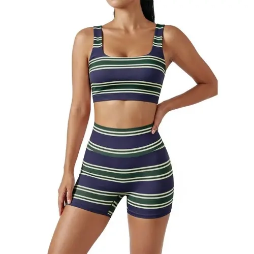 FISOEW Women’s Rainbow Stripe 2-Piece Gym Clothes Set - Sleeveless Crop Tank Top, High Waist Biker Shorts Matching Lounge Outfit (Women's Tops Included), 2 Piece Sets, Tank Tops
