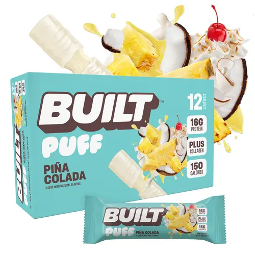Official BUILT Bar, Puff Protein Bar Snacks, Piña Colada Puff, 16g Protein, 150 calories, Collagen, Gluten Free, Protein Packed Snack, 12 Count Box