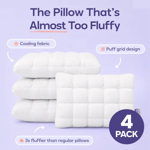 Mellow Sleep | Puff Pillow (4-Pack) – Soft Quilted Puff Grid Design Pillow, Fluffy Plush Bed Pillow with Cloud Like Comfort, Breathable Support Pillow for Side, Back & Stomach Sleepers, Cozy Bed Pillow for Better Sleep