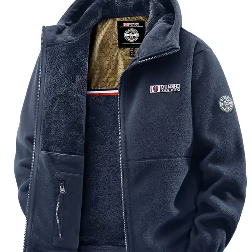 Men's Hooded Casual Fleece Jacket with Zipper, Embroidered Letter Design, Comfortable Knit Fabric for Fall & Winter, Stylish Outdoor Sportswear, Casual Fashion Outerwear