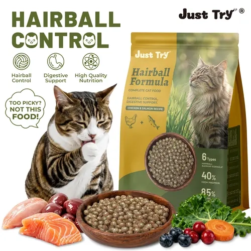 Just Try Grain-Free Meat-Based Dry Cat Food, 5 lb - 40% Protein from Salmon & Chicken, Hairball Help with Cat Grass, Pumpkin, Taurine, Psyllium Husk & Cranberry, Supports Digestive Health #sohochic