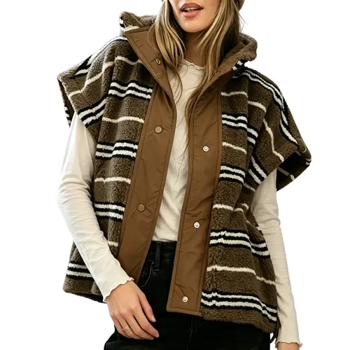 Fisoew Women's Elegant Chocolate Striped Sherpa Fleece Vest - Oversized Stand Collar Outerwear with Snap Buttons, Essential Layering Tops Piece for Casual Chic Style, Women's Clothing