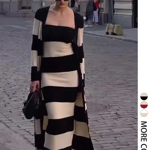 Elegant Women's Fall Winter Fashion Casual Home Office Commute Basic Simple Slim Fit Knit Striped Long Sleeve Long Open Front Jacket Set