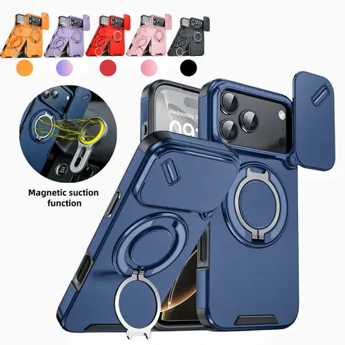 Magnetic Shockproof Polycarbonate (PC)+TPU Phone Cover, Military-Grade Protection Accessory with Sliding Camera Lens Protector & 360° Rotatable Stand, Compatible with iPhone 17/16/15/14/13/12 Pro Max Series, Accessories, Smartphone, Casing