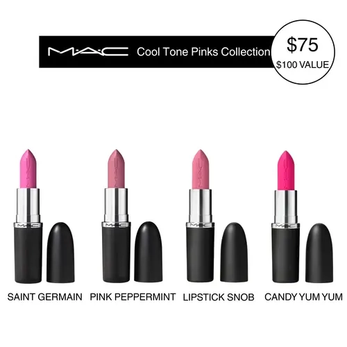 MAC Cool Tone Pinks Collection | Saint Germain, Pink Peppermint | Snob & Candy Yum Yum | Sleek Satin Lipstick, 4-piece Lip Set