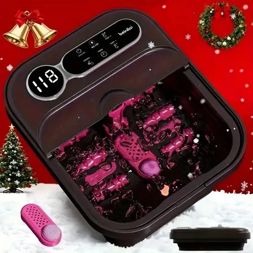 Portable Foldable Self-Heating Plastic Foot Spa Massager Basin - 120V Power, Compact Body, Temp Control, Massage Rollers, Heat + Bubble Functions, Removable Footrest, Space-Saving Bathroom Home Appliance, Ideal Female Gift