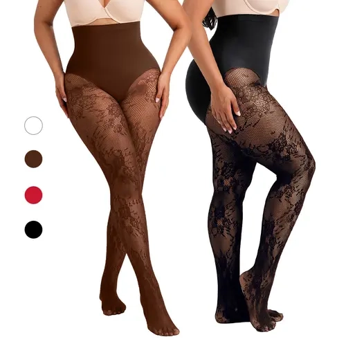 SHAPELLX Women‘s High-Waist Shaping Tights with Floral Lace, Light Control Tummy Support Pantyhose, Anti-Slip Waistband & Breathable Mesh for Daily Wear