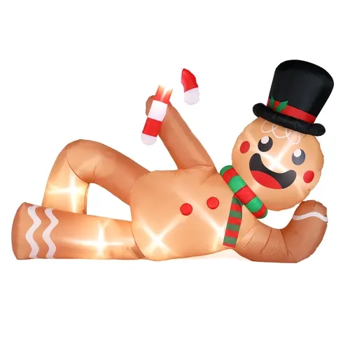 9.8 FT Waterproof Plastic Lighted Christmas Inflatable Backdrop Photo Set - Lying Gingerbread Man Figure with Built-in LED Lights, Magical Hat, Blow-Up Yard Christmas Decor for Holiday Party Front Yard