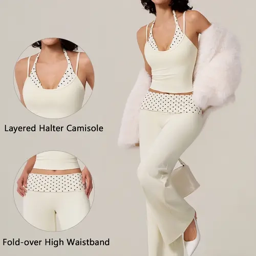 TIMEOFF 2-Piece Gym Outfits - Halter Tank Top & Fold Over Waist Capri Leggings Set, Polka Dot Splicing, Stretchy Soft Breathable Fabric, Anti-Slip Waist, Ideal for Yoga, Gym Training, Daily Casual Wear