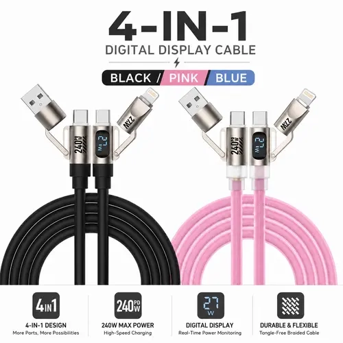 MFish Buy 1 Get 1 Free 240W LED Digital Display 4-in-1 Charging Cable - Liquid Silicone Durable Fast Charging Cord with Real-Time Power Display, Flame Retardant Braided Connector for Mobile iPhone Users, Android, Laptop