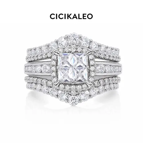 CICIKALEO 18K Gold Plated Princess Cut Ring Set for Women, 3-Piece Cubic Zirconia Halo Engagement Ring with Stackable Wedding Bands, Promise Anniversary Bridal Jewelry Gift for Her