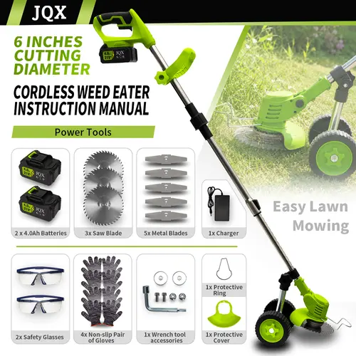 Wheeled Cordless Weed Eater, Women-Friendly Lightweight Lawn Mower with Telescopic Shaft, 21V 3-in-1 Electric String Trimmer & Edger for Garden Maintenance