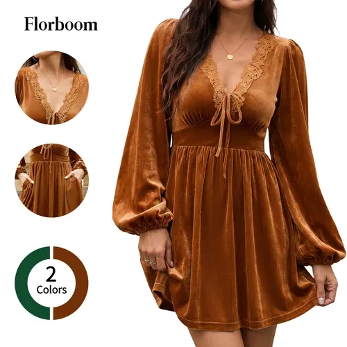 Florboom Women's Velvet Dress with Pockest, Lace V Neck Long Sleeve Empire Waist Swing Dresses, Tie Front Boho Sun Dress for Fall Autumn, Date Night, Casual Party, Brunch Outfit, Trendy Outfits Solid Color Dress Womenswear