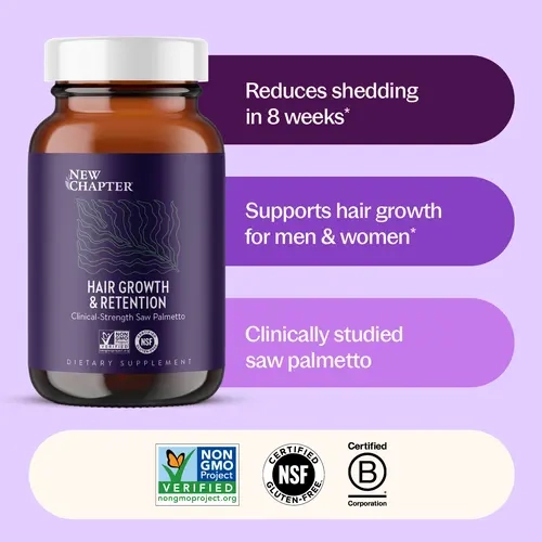 New Chapter Hair Growth & Retention Supplement, Clinical-Strength Saw Palmetto Haircare Formula with Rosemary Botanical Blend - Reduced Shedding, Fuller Stronger Root Hair for Men & Women - 30ct Bottle Pack