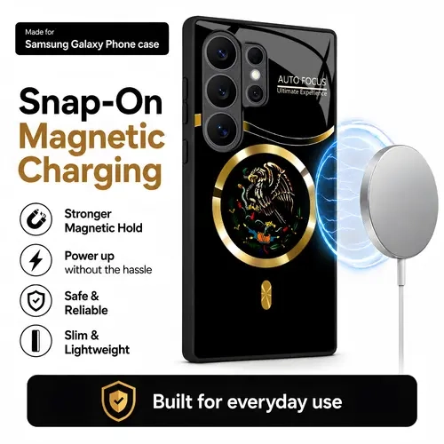 Mexican Eagle Magnetic Glass Case for Samsung Galaxy S26/S25/S24 Ultra, Latin Heritage Totem Print, MagSafe-Compatible Wireless Charging, Shockproof Protective Cover.XS9527