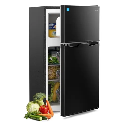 Upstreman 3.1 Cu.Ft Freestanding Rectangular Double-Door Top Freezer Dorm Refrigerator - Stainless Steel, 1 Cu.Ft Freezer, Adjustable Thermostat, Quiet Efficient, LED Lights, Removable Shelves, Crisper Drawer, 110v-120v Energy Saver, for Office